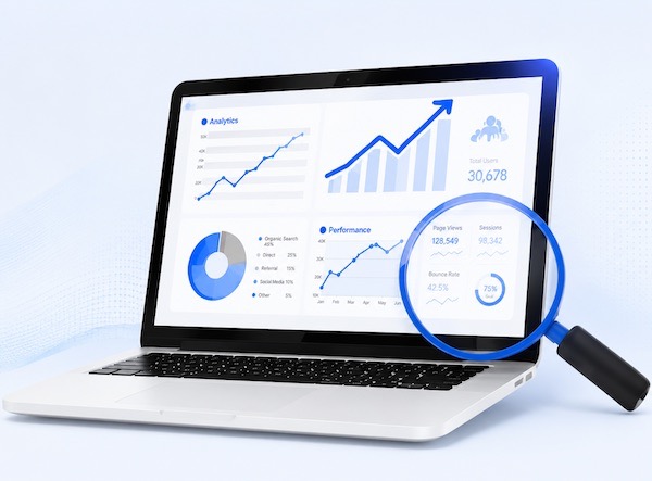 Website redesign audit analytics report with laptop and magnifying glass