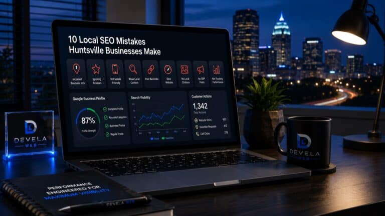 SEO analytics dashboard displayed on a laptop illustrating common local SEO mistakes, Google Business Profile optimization, and search visibility improvements for Huntsville businesses.