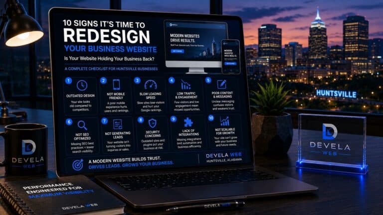 Laptop displaying ten warning signs that a Huntsville business website needs a redesign, including outdated design, slow speed, weak mobile usability, poor SEO, and low lead generation.