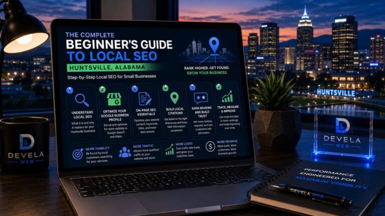 Local SEO guide displayed on a laptop showing Google Business Profile optimization, local citations, reviews, on-page SEO, rankings, and lead growth for Huntsville businesses.