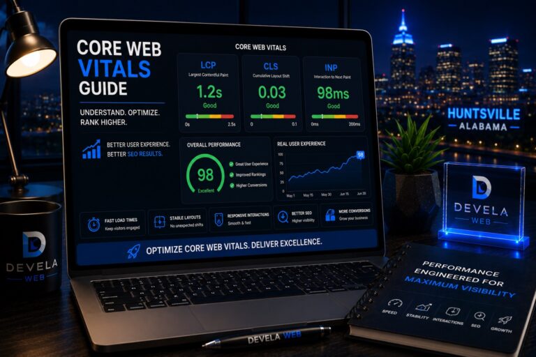 Laptop displaying a Core Web Vitals dashboard with LCP, CLS, INP, page speed metrics, and website performance analytics for improving SEO and user experience.