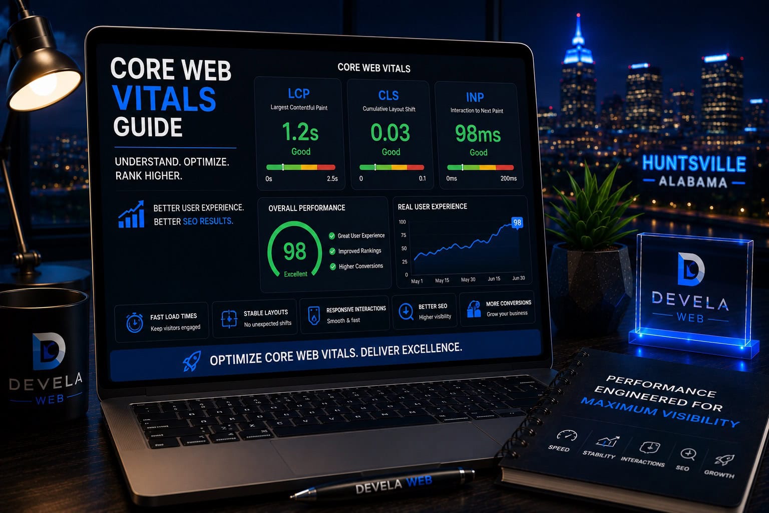 Laptop displaying a Core Web Vitals dashboard with LCP, CLS, INP, page speed metrics, and website performance analytics for improving SEO and user experience.