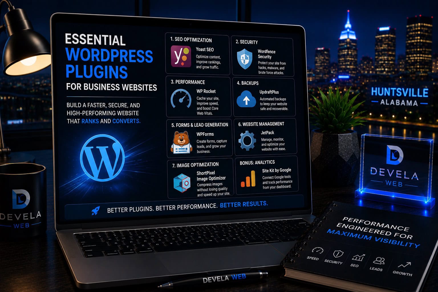 Laptop displaying essential WordPress plugins for business websites, including Yoast SEO, Wordfence Security, WP Rocket, UpdraftPlus, WPForms, ShortPixel, Jetpack, and Google Site Kit.