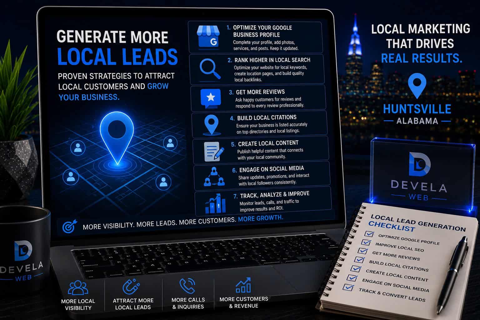 Laptop displaying a local lead generation strategy dashboard with Google Business Profile optimization, local SEO, customer reviews, business citations, content marketing, and lead tracking for Huntsville businesses.
