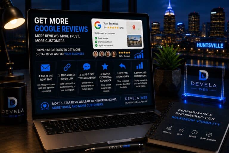 Laptop displaying a Google review strategy dashboard with five-star customer reviews, review requests, Google Business Profile optimization, and local search growth for Huntsville businesses.