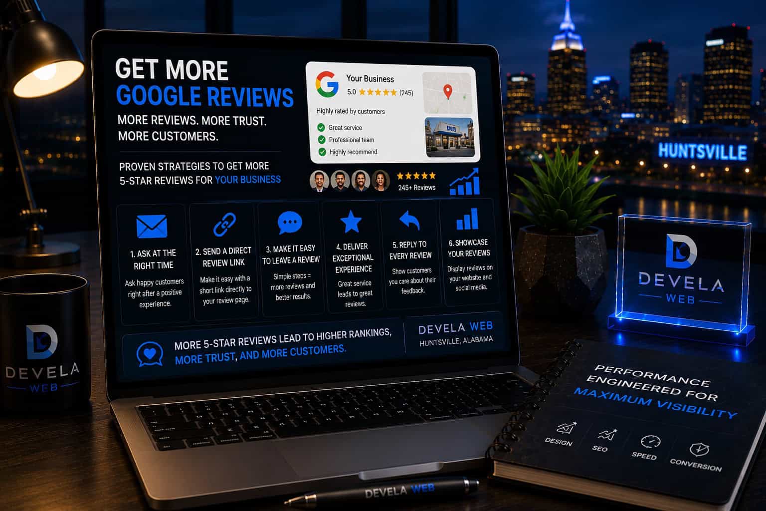 Laptop displaying a Google review strategy dashboard with five-star customer reviews, review requests, Google Business Profile optimization, and local search growth for Huntsville businesses.