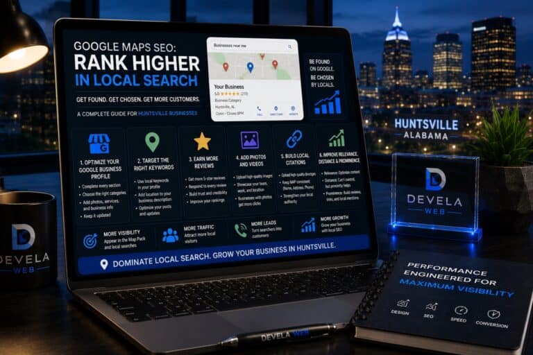 Laptop displaying a Google Maps SEO strategy dashboard with Google Business Profile optimization, local rankings, customer reviews, citations, and map visibility for Huntsville businesses.