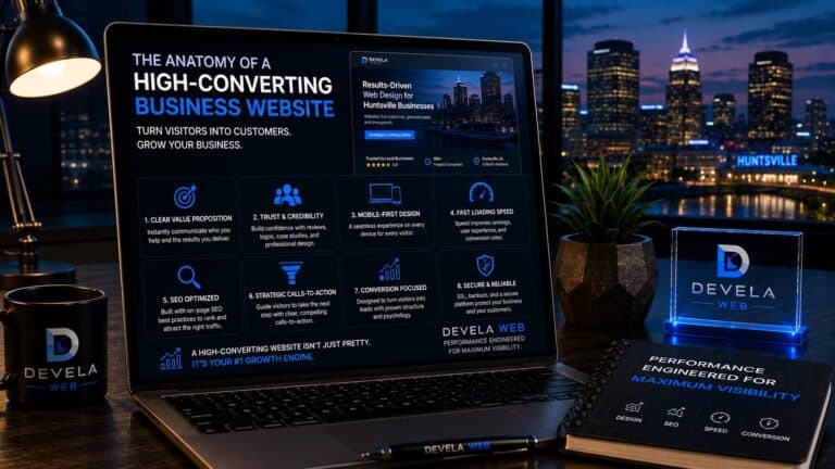 Modern laptop displaying the essential elements of a high-converting business website, including trust signals, SEO optimization, fast loading speed, mobile-first design, and conversion-focused calls to action for Huntsville businesses.