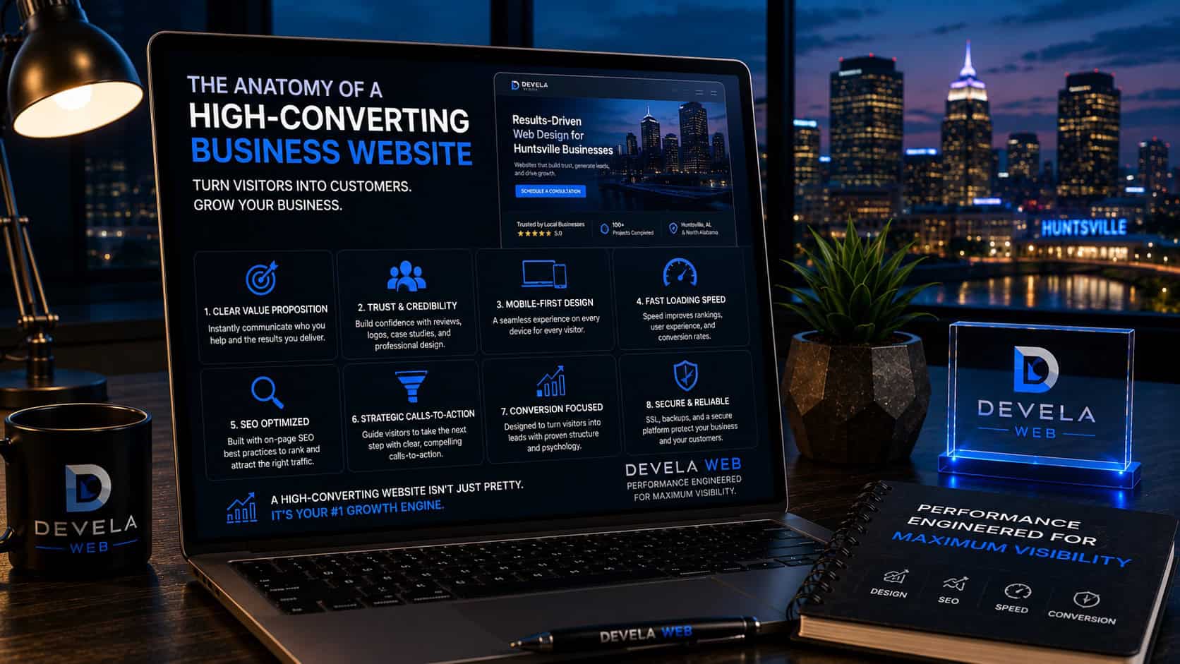 Modern laptop displaying the essential elements of a high-converting business website, including trust signals, SEO optimization, fast loading speed, mobile-first design, and conversion-focused calls to action for Huntsville businesses.