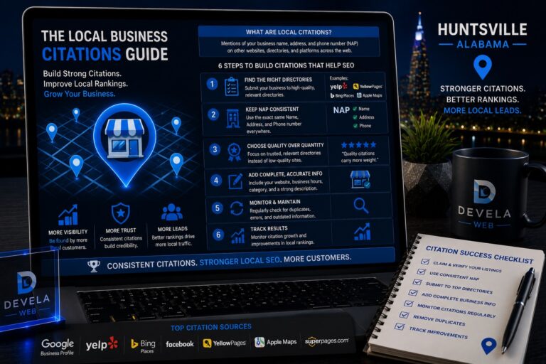 Laptop displaying a local business citations guide with NAP consistency, Google Business Profile, business directories, citation building strategy, and local SEO improvements for Huntsville businesses.