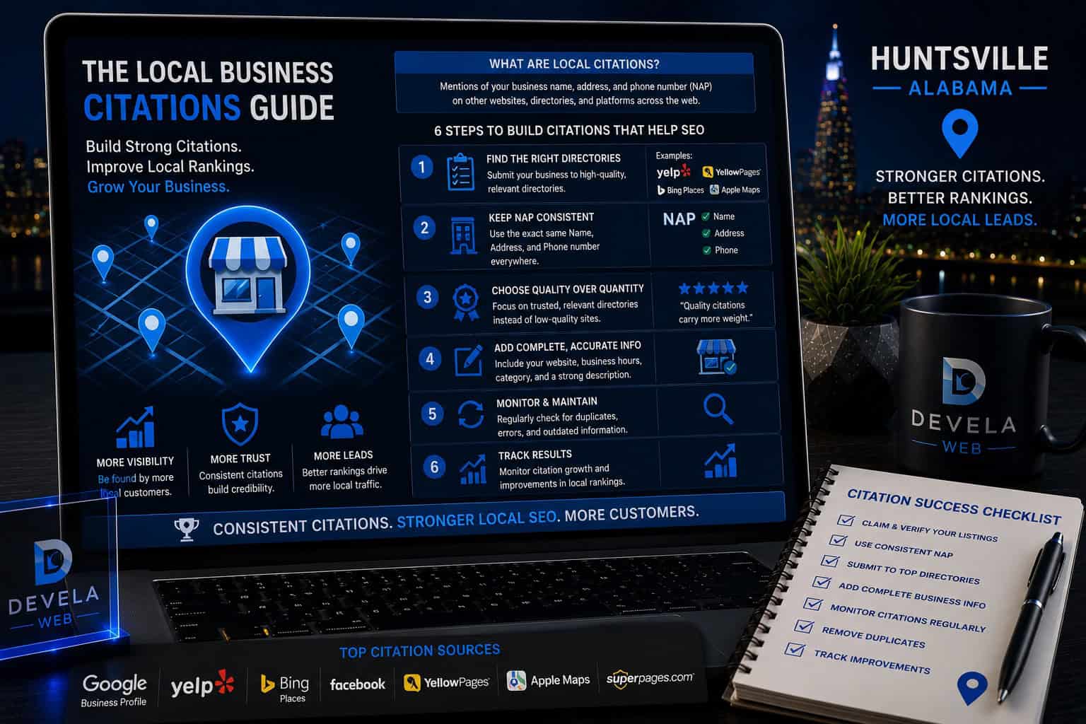Laptop displaying a local business citations guide with NAP consistency, Google Business Profile, business directories, citation building strategy, and local SEO improvements for Huntsville businesses.