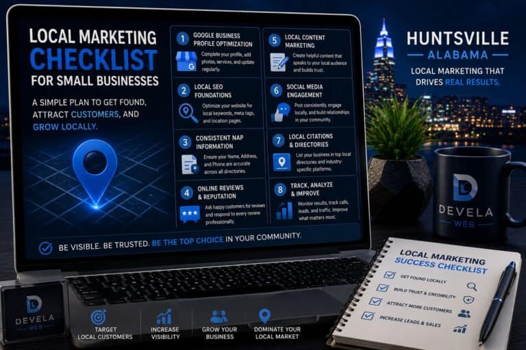 Laptop displaying a local marketing checklist for small businesses, including Google Business Profile optimization, local SEO, online reviews, business citations, local content marketing, social media, and performance tracking for Huntsville businesses.
