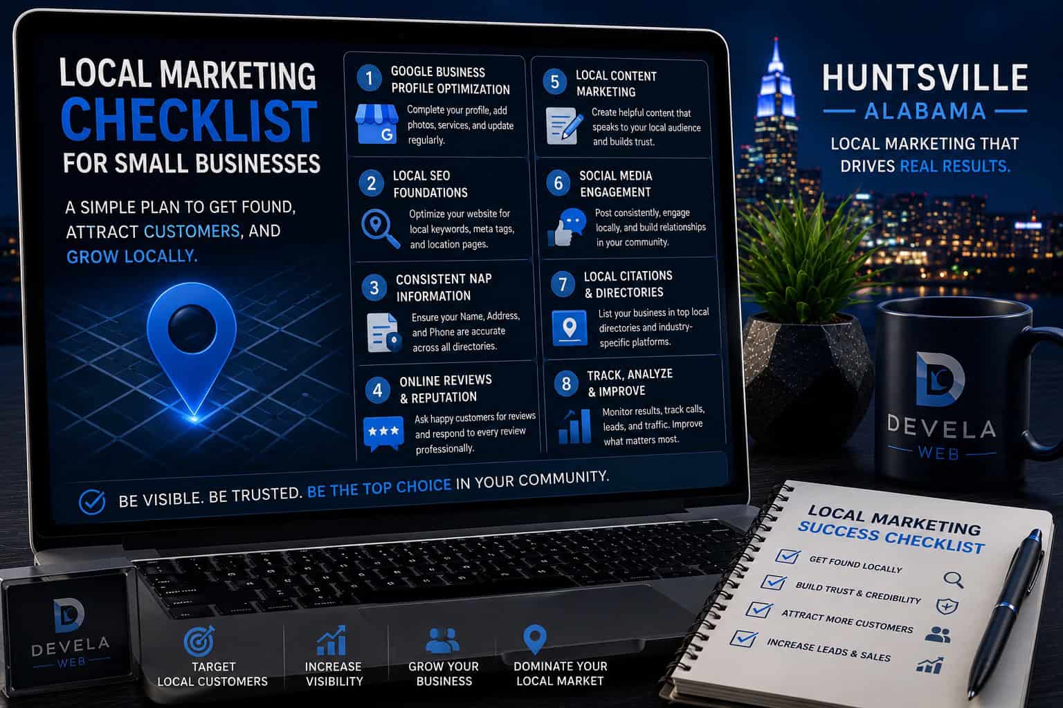 Laptop displaying a local marketing checklist for small businesses, including Google Business Profile optimization, local SEO, online reviews, business citations, local content marketing, social media, and performance tracking for Huntsville businesses.
