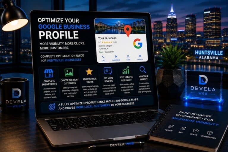 Laptop displaying a Google Business Profile optimization dashboard with business information, customer reviews, Google Maps visibility, categories, photos, and local search ranking improvements for Huntsville businesses.
