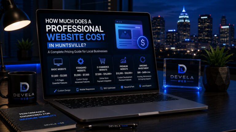 Professional website pricing dashboard displayed on a laptop in a modern office overlooking the Huntsville skyline.