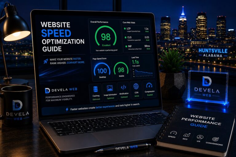 Laptop displaying a website speed optimization dashboard with Core Web Vitals, page speed metrics, caching, image optimization, and performance improvements for a business website.