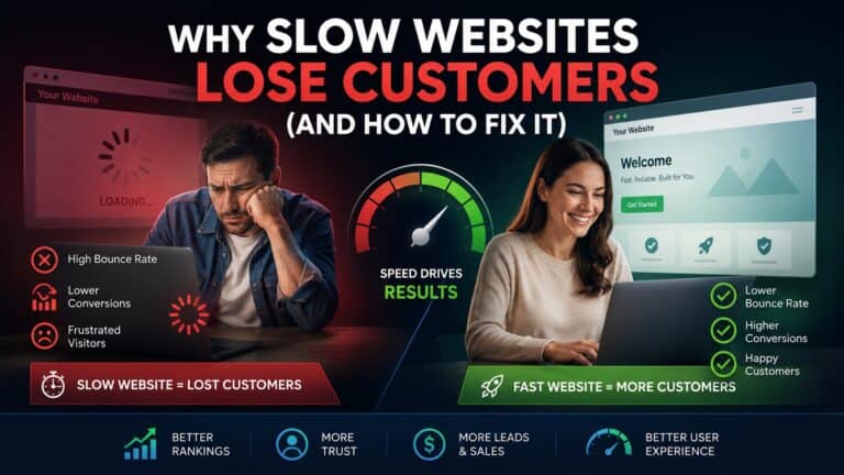 Slow business website causing visitors to leave because of poor loading speed, weak Core Web Vitals, and frustrating user experience.