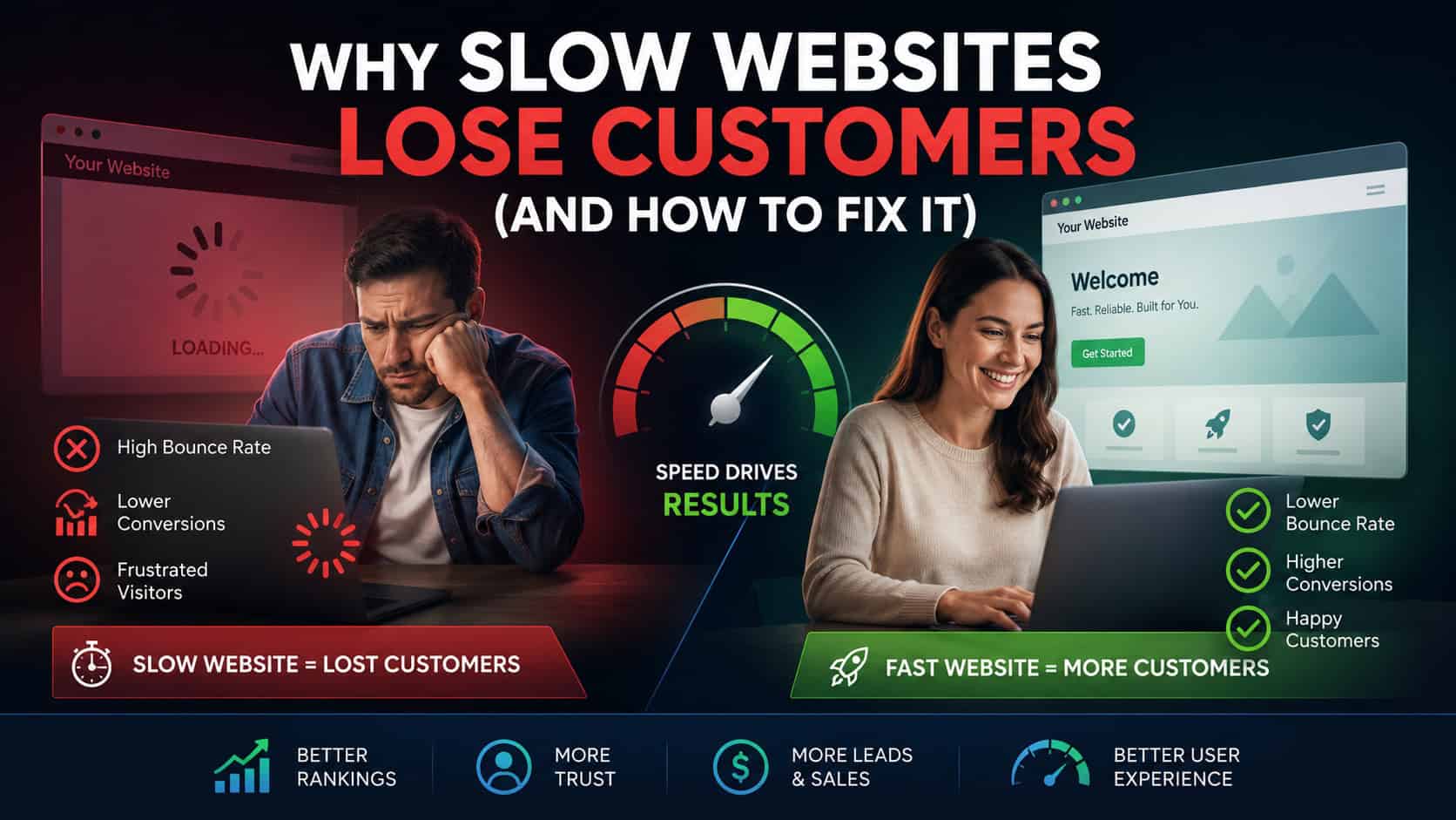 Slow business website causing visitors to leave because of poor loading speed, weak Core Web Vitals, and frustrating user experience.