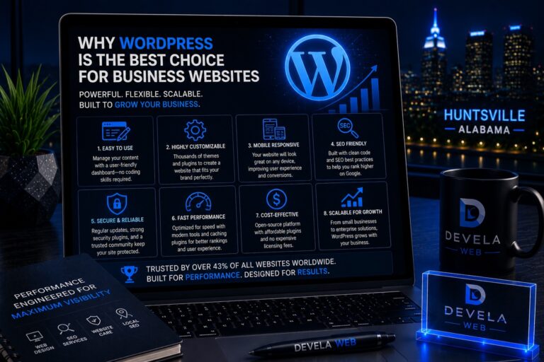 Laptop displaying the benefits of WordPress for business websites, including SEO-friendly architecture, mobile responsiveness, security, scalability, performance, customization, and cost-effective website management.