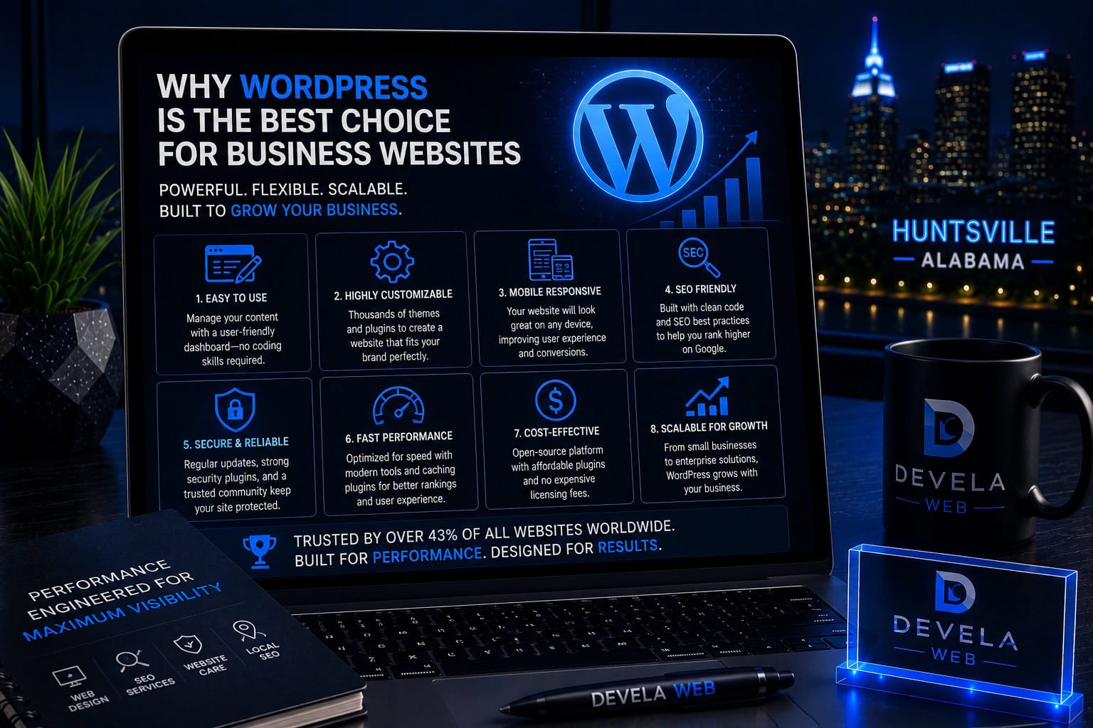 Laptop displaying the benefits of WordPress for business websites, including SEO-friendly architecture, mobile responsiveness, security, scalability, performance, customization, and cost-effective website management.