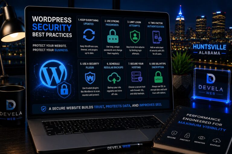 Laptop displaying WordPress security best practices including software updates, strong passwords, two-factor authentication, login protection, backups, secure hosting, SSL encryption, and website security monitoring.
